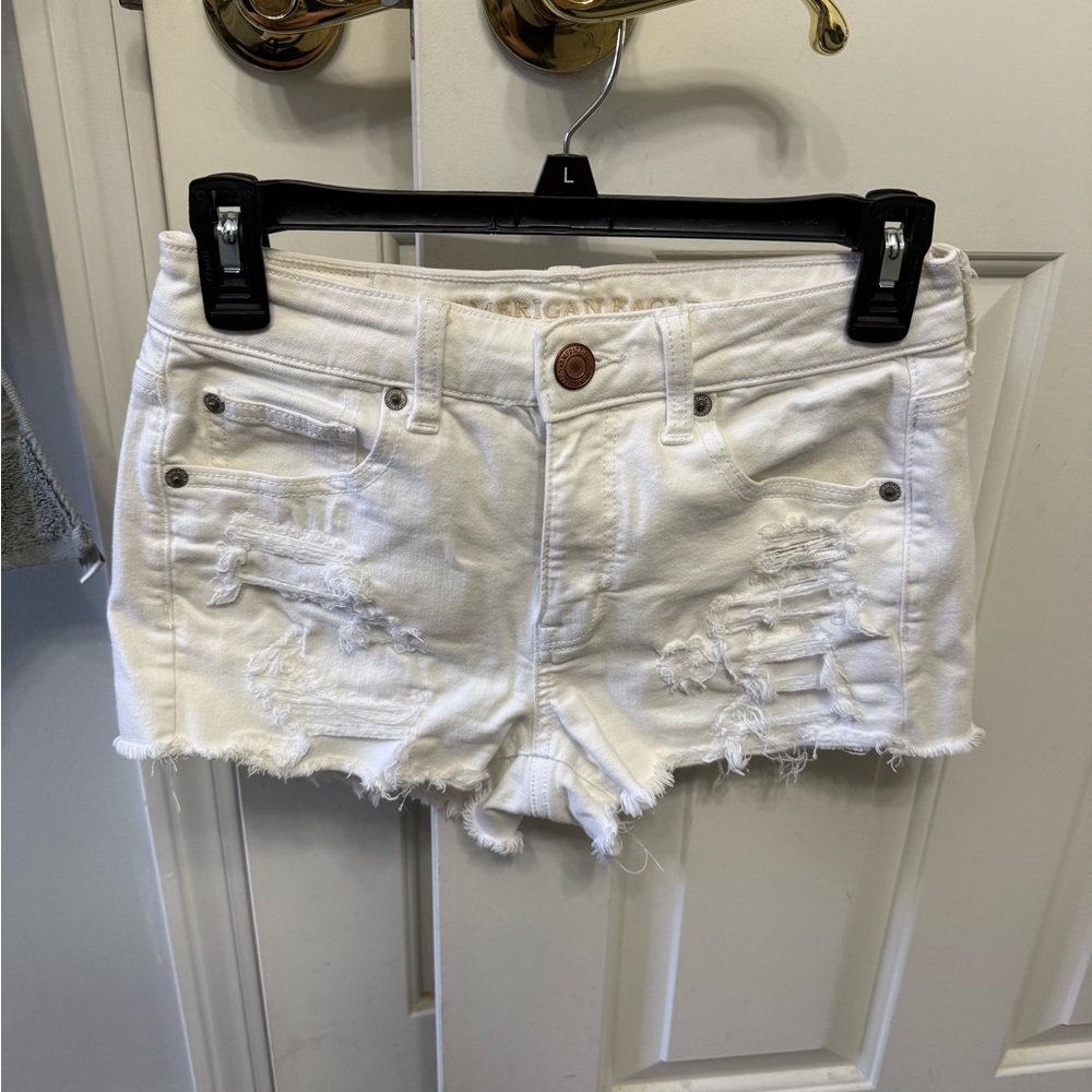 American Eagle White Distressed Denim Shorts